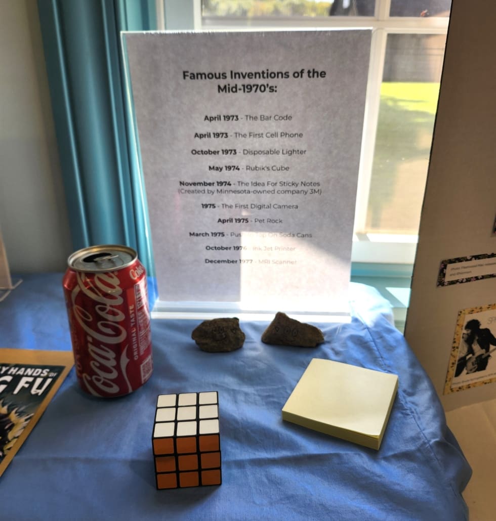 A small sampling of inventions from the period: sticky notes, pop can tabs, rubiks cube, and pet rocks.