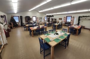 Wide angle photo of the whole exhibit classroom.